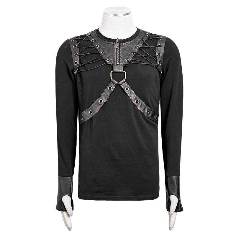 T-423 Lacing Shoulder Leather Belts Long Sleeve Punk Shirts