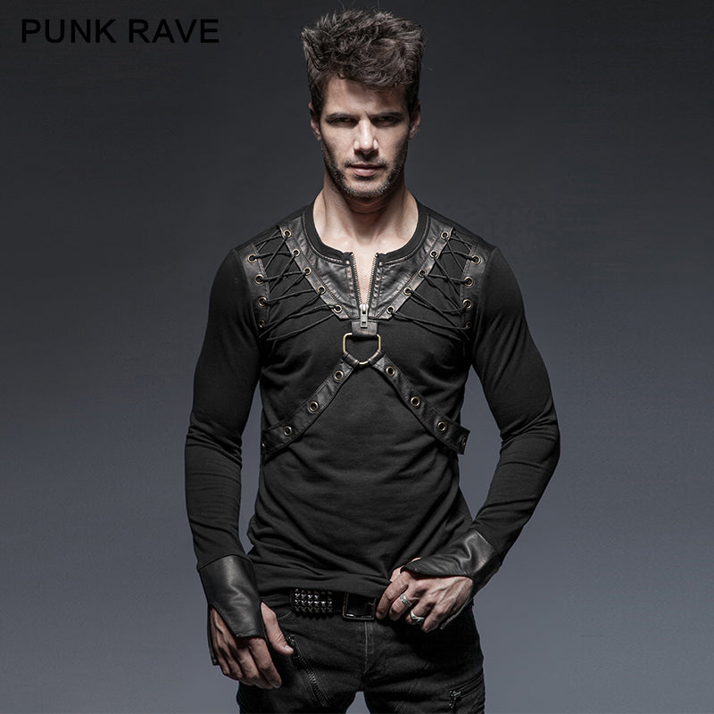 T-423 Lacing Shoulder Leather Belts Long Sleeve Punk Shirts