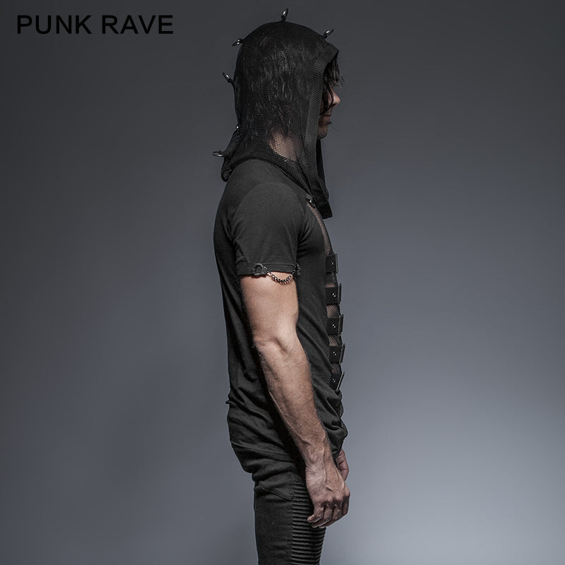 T-425 Hooded Rock Transparent Mesh Punk Shirts