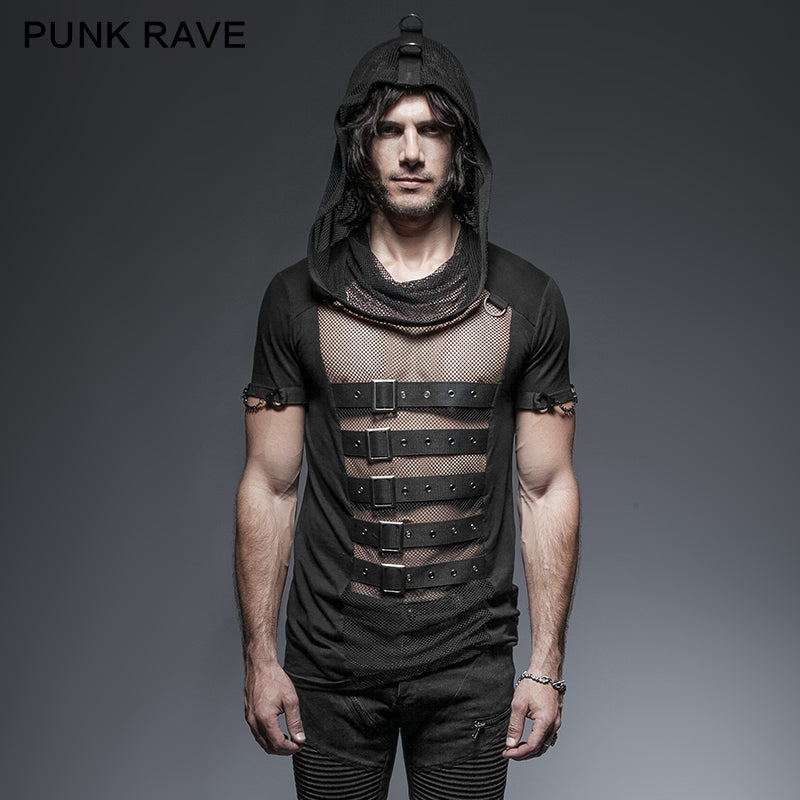 T-425 Hooded Rock Transparent Mesh Punk Shirts