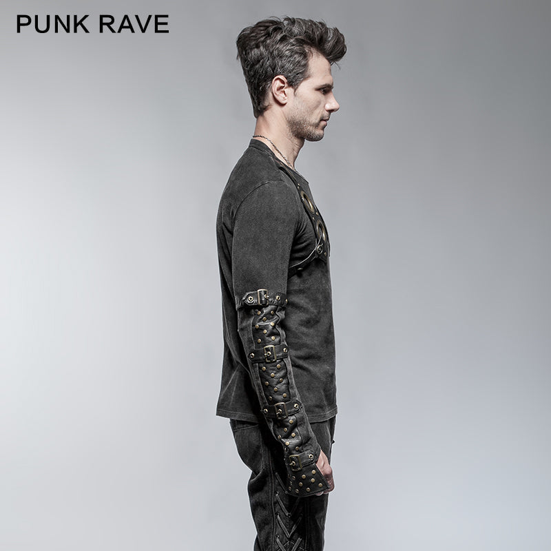 T-427 Steampunk Metal Eyelets Long Sleeve Cotton Punk Shirts For Men