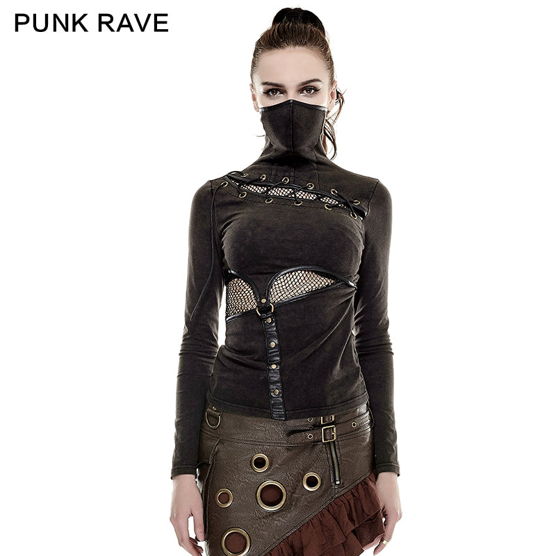 T-432 Coffe Steampunk Tight Mesh Punk Shirts With High Collar