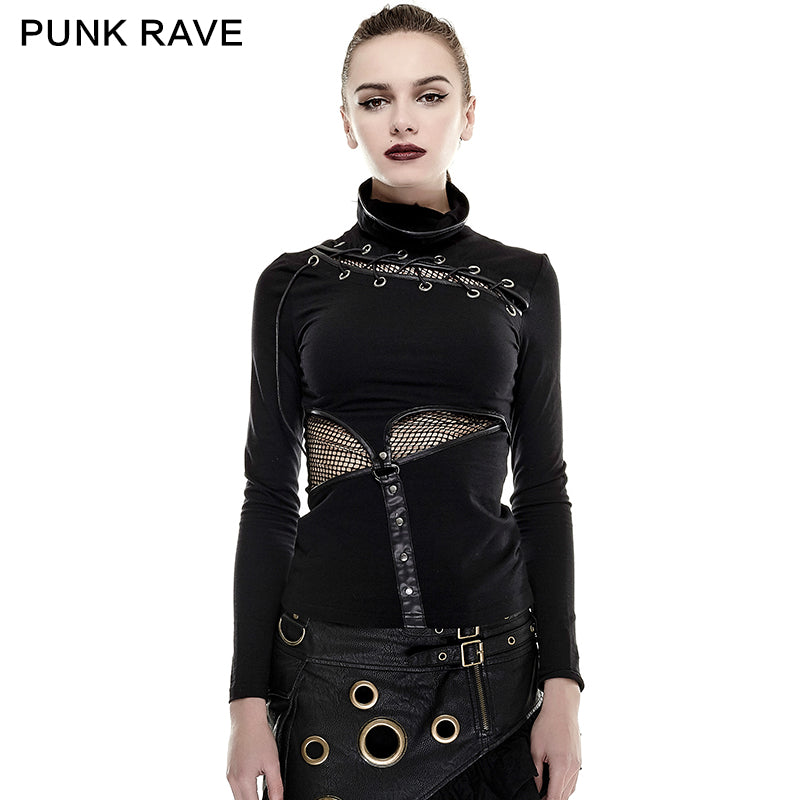 T-432 Coffe Steampunk Tight Mesh Punk Shirts With High Collar