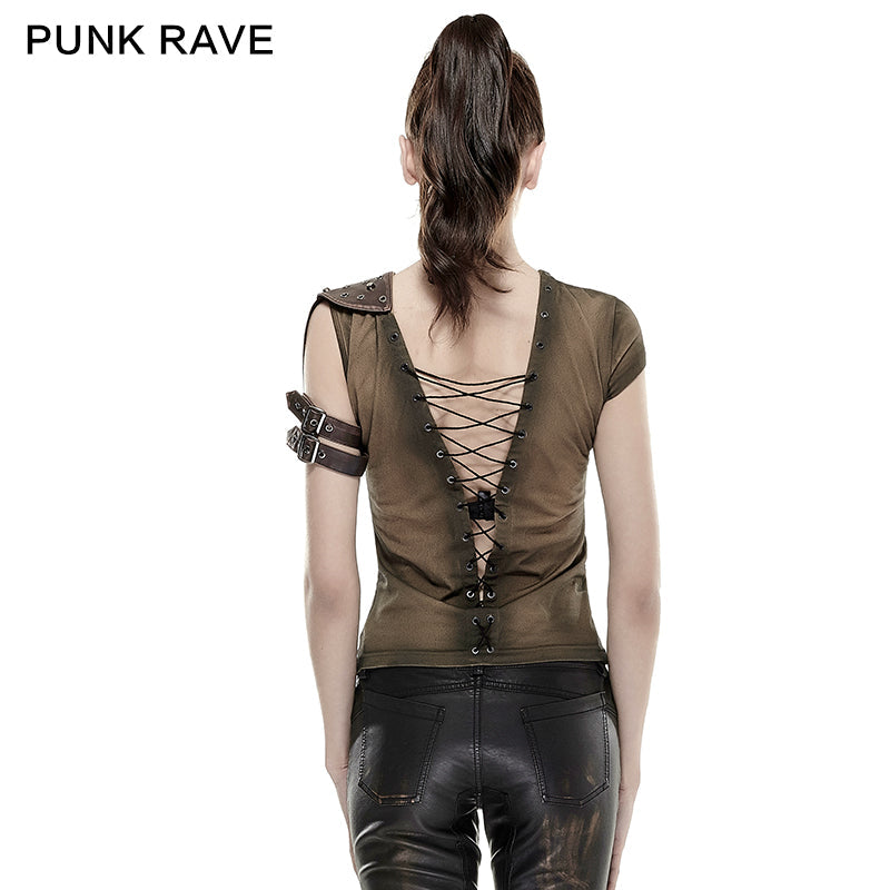 T-433 Steampunk Top Crocheted Strape Backless Punk Shirts For Women