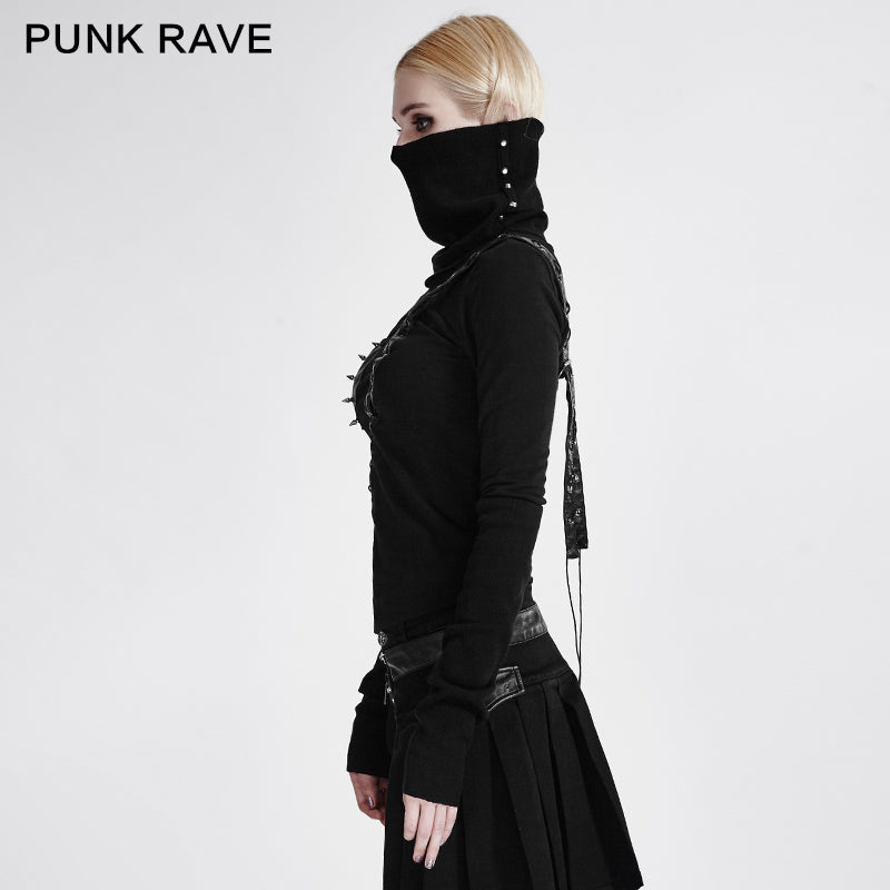 T-436 Steampunk black High Neck Asymmetrical Knit Punk Shirts