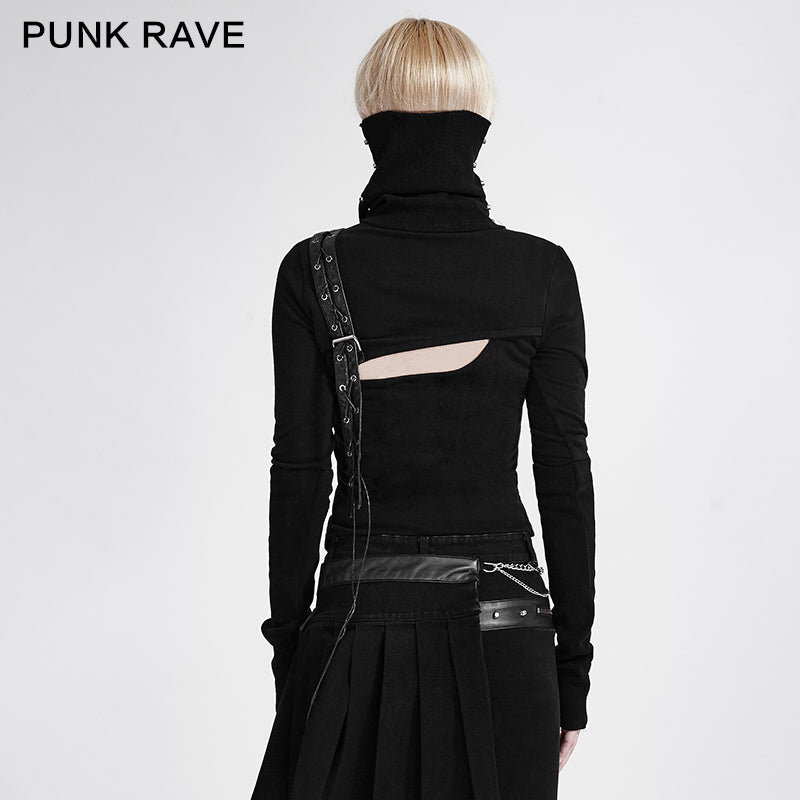 T-436 Steampunk black High Neck Asymmetrical Knit Punk Shirts