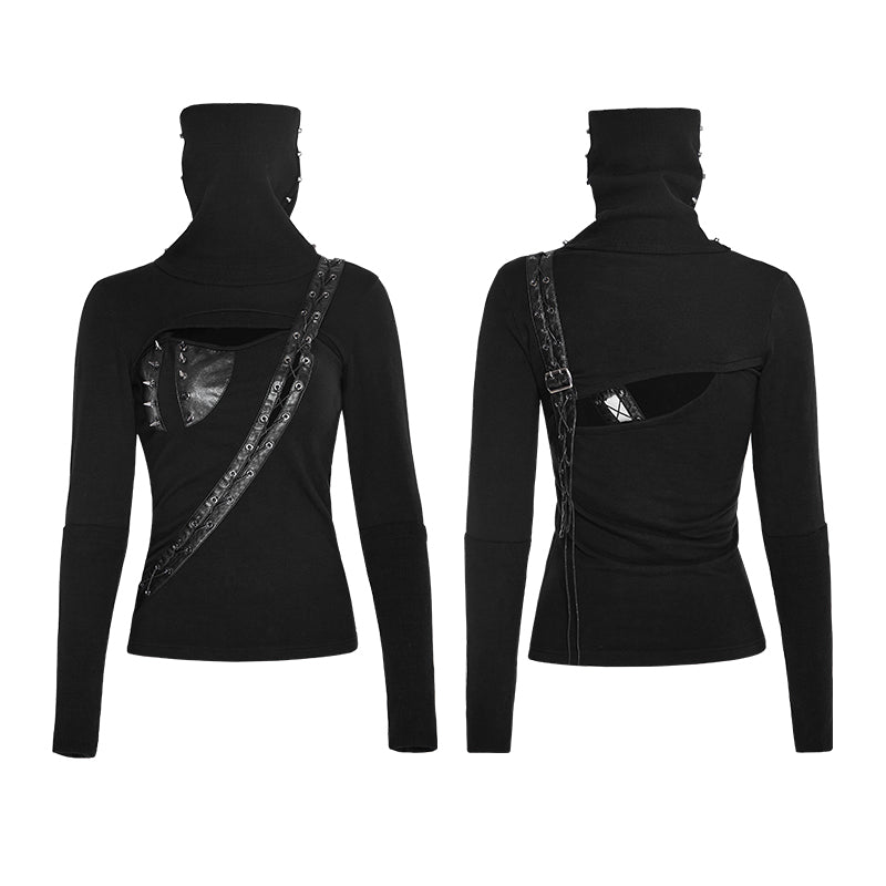 T-436 Steampunk black High Neck Asymmetrical Knit Punk Shirts