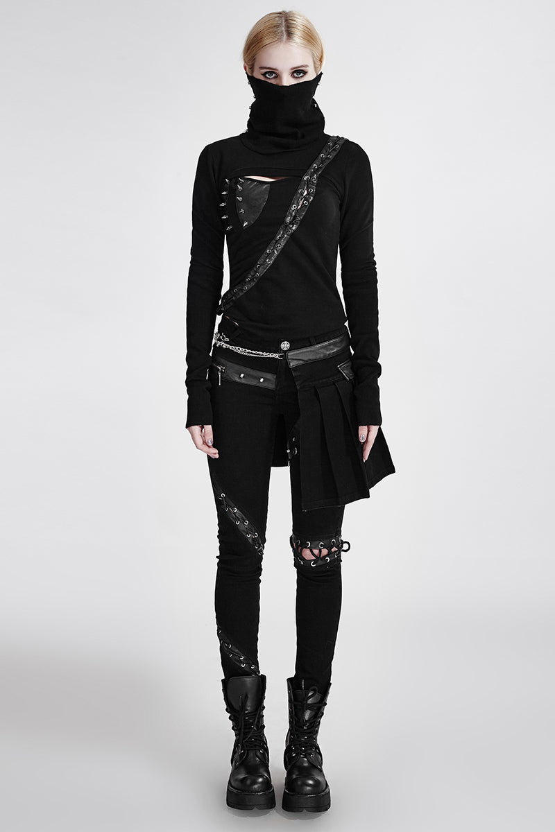 T-436 Steampunk black High Neck Asymmetrical Knit Punk Shirts