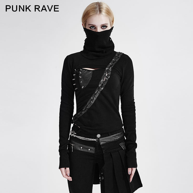 T-436 Steampunk black High Neck Asymmetrical Knit Punk Shirts