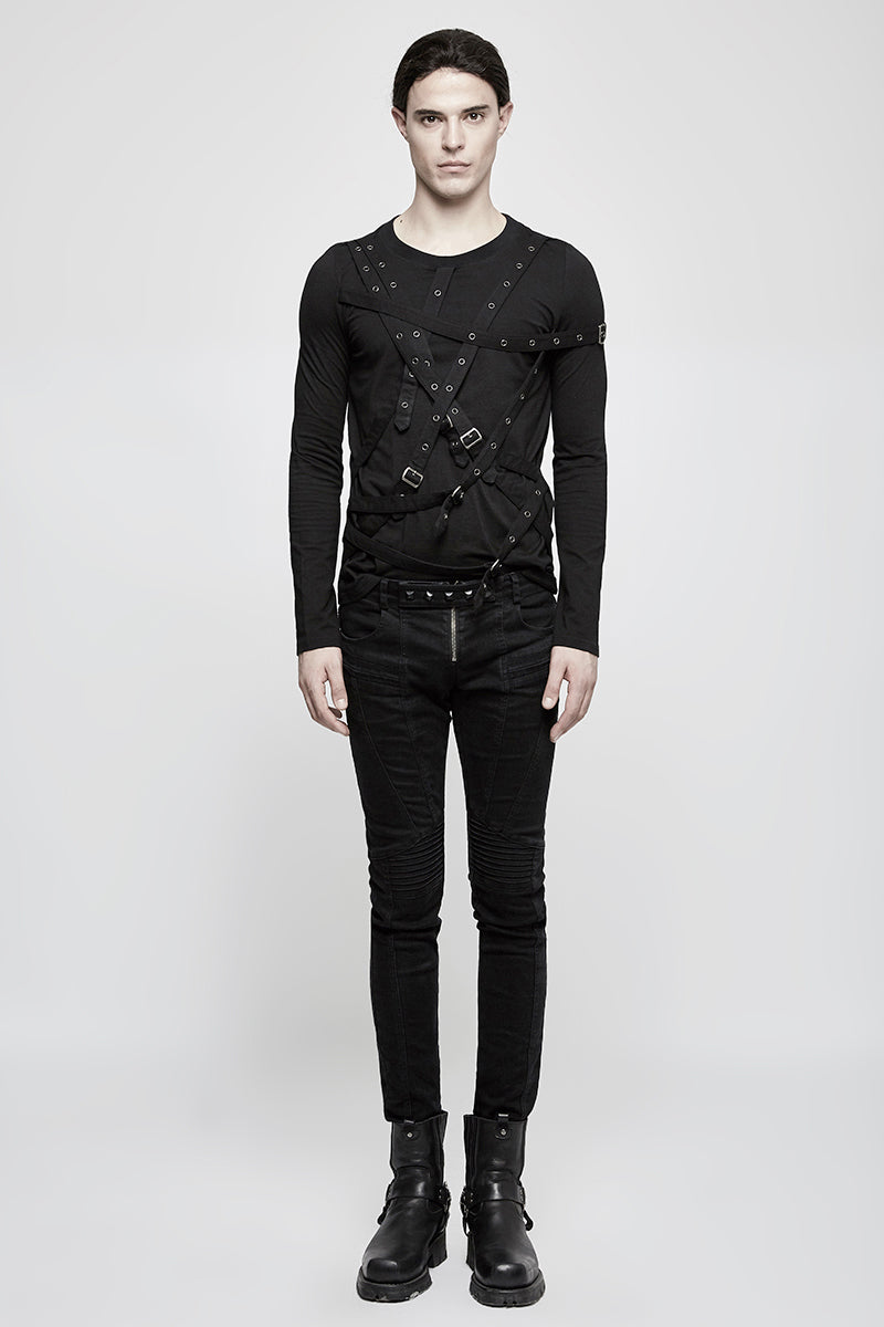 T-441 Simple black Long Sleeve Punk Shirts For Men