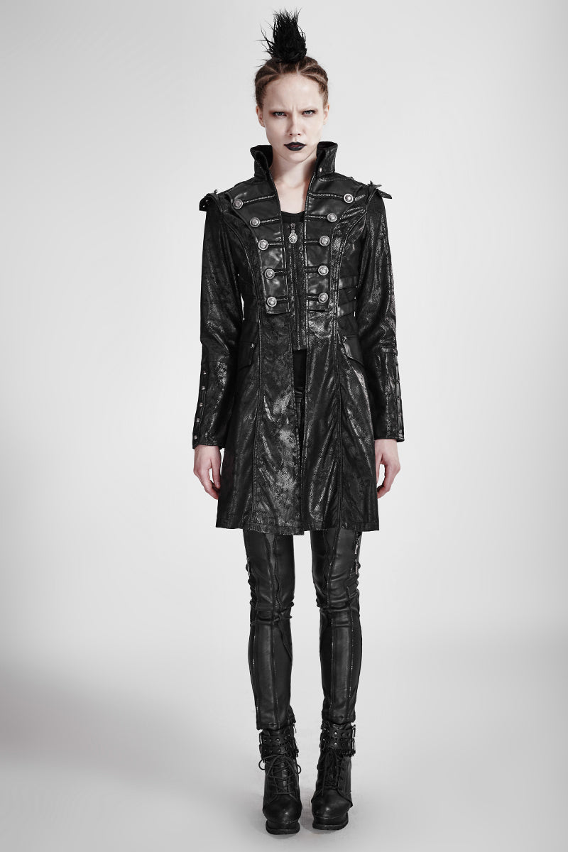 Y-366 Fashion black Long Leather Punk Trench Coats With Standing Collar