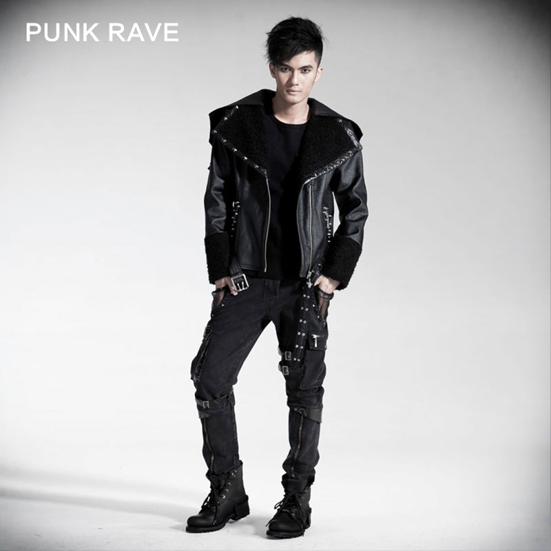 Y-402 Neutral Fur Hooded Short Leather black Punk Jacket