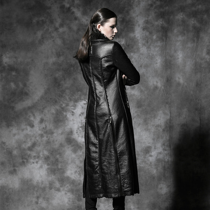 Y-485 Military Winter Long Leather Punk Coat With Collar