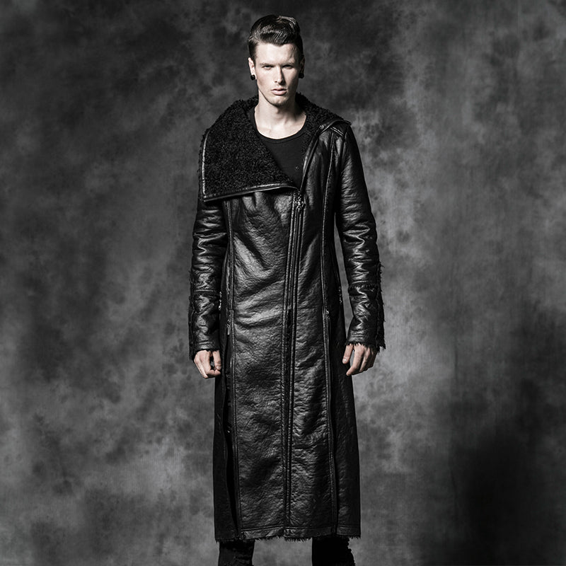 Y-485 Military Winter Long Leather Punk Coat With Collar