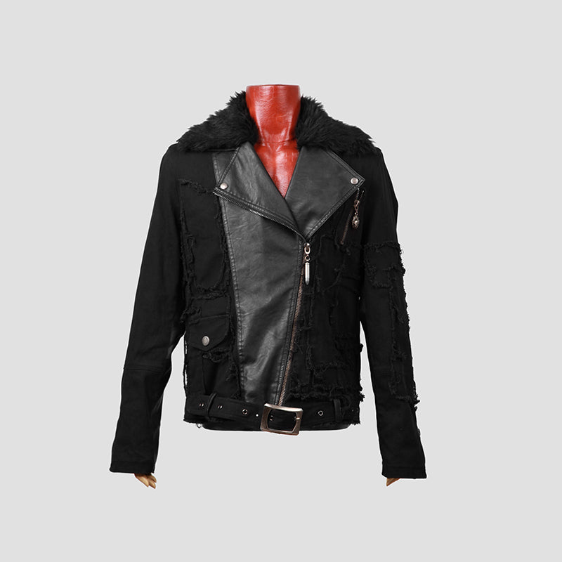 Y-486 Long Leather Punk Coat With The Warm black Fur Collar For Men