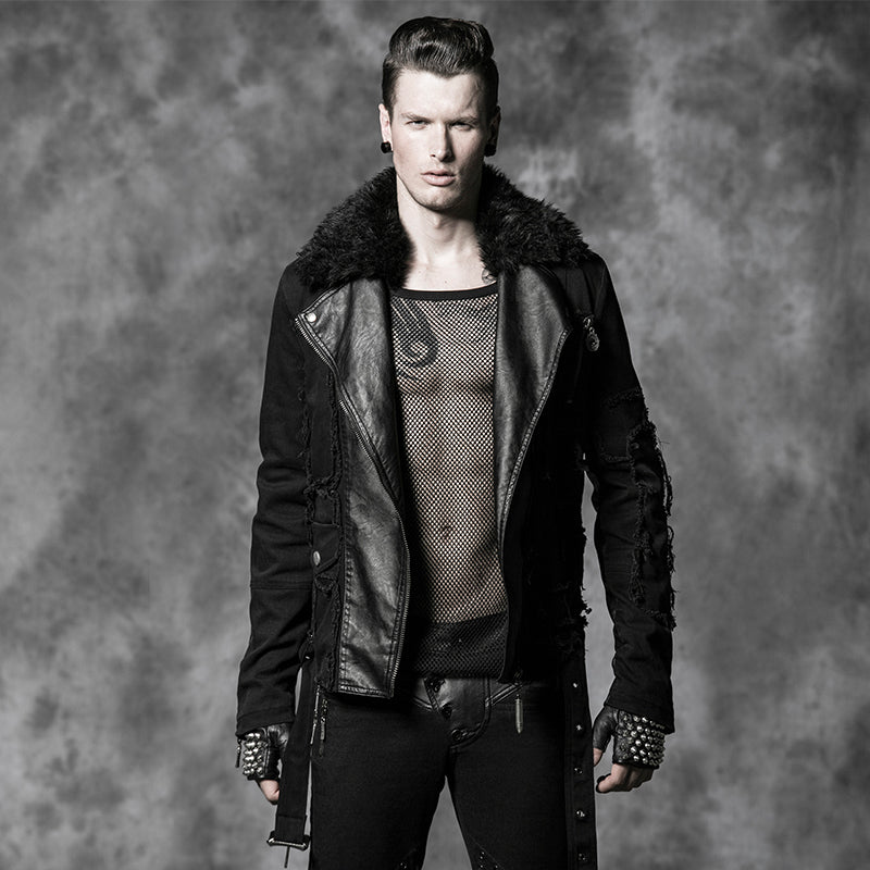 Y-486 Long Leather Punk Coat With The Warm black Fur Collar For Men