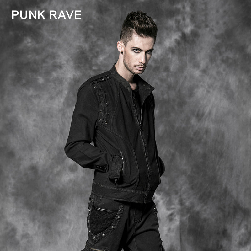 Y-500 Zip On Sleeves black Punk Jacket With Skeleton On Shoulders For Men