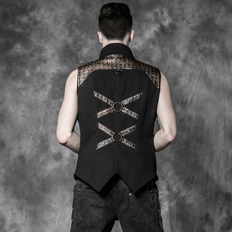 Y-503 Short Fitted Standing Collar Punk Vest With The Gold Grid-stripe