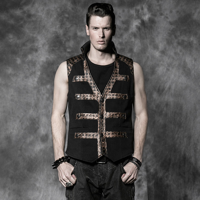 Y-503 Short Fitted Standing Collar Punk Vest With The Gold Grid-stripe