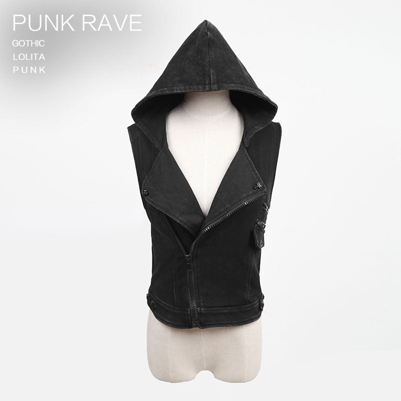 Y-516 black Sleeveless Short Cotton Punk Vest With Hoodies