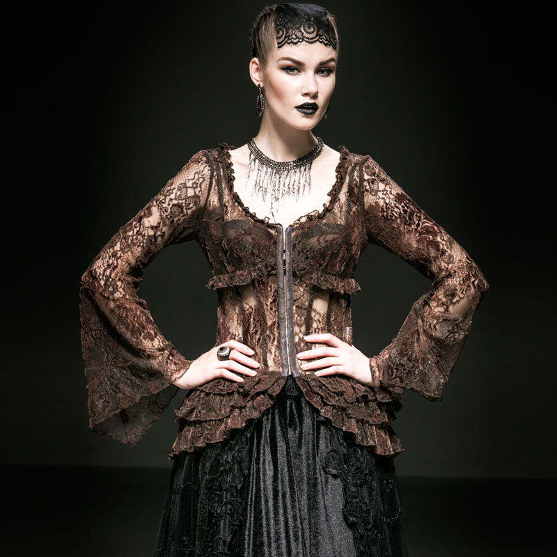 Y-535 Vintage Bell Long Lace Sleeve Gothic Shirt With Deep Neck