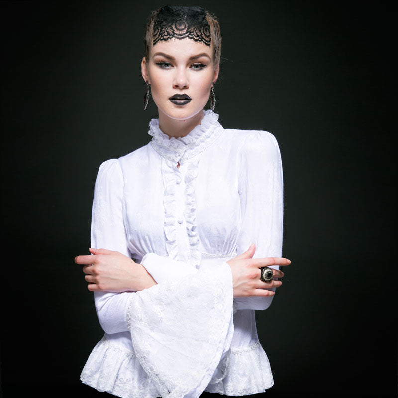 Y-544 Long Flared Sleeve Slim Fit Lace Gothic Shirt With High Neck