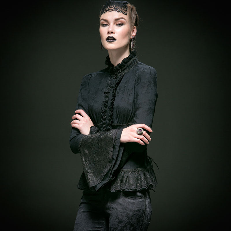 Y-544 Long Flared Sleeve Slim Fit Lace Gothic Shirt With High Neck