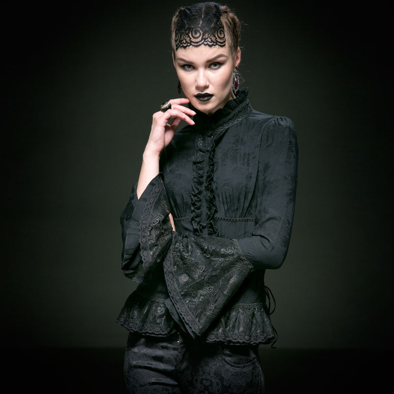 Y-544 Long Flared Sleeve Slim Fit Lace Gothic Shirt With High Neck