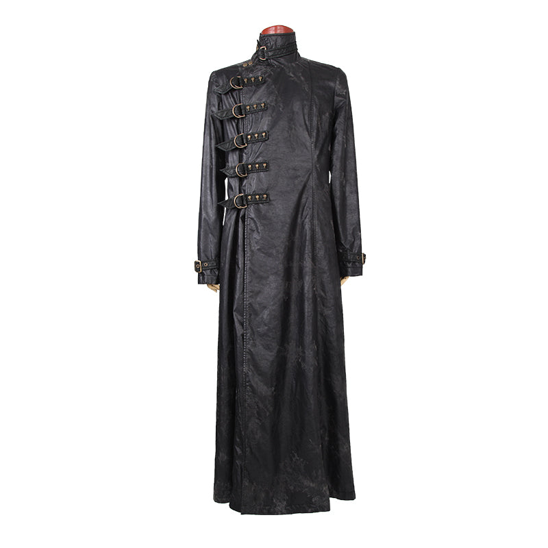 Y-549 black Long Sleeve Soft Leather Gothic Trench Coats With High Collar