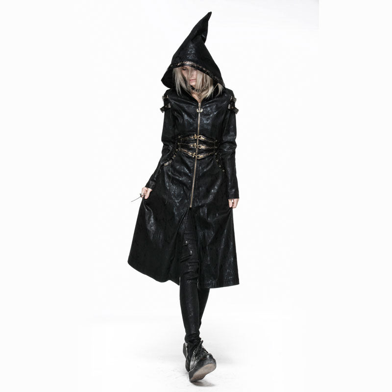 Y-552 black Long Leather Punk Coat With Hooded