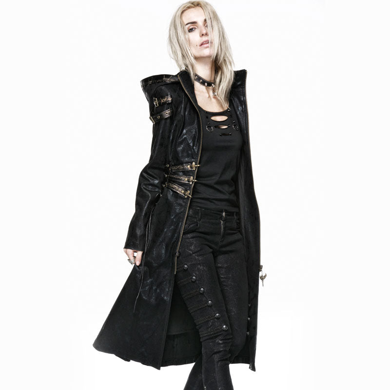 Y-552 black Long Leather Punk Coat With Hooded