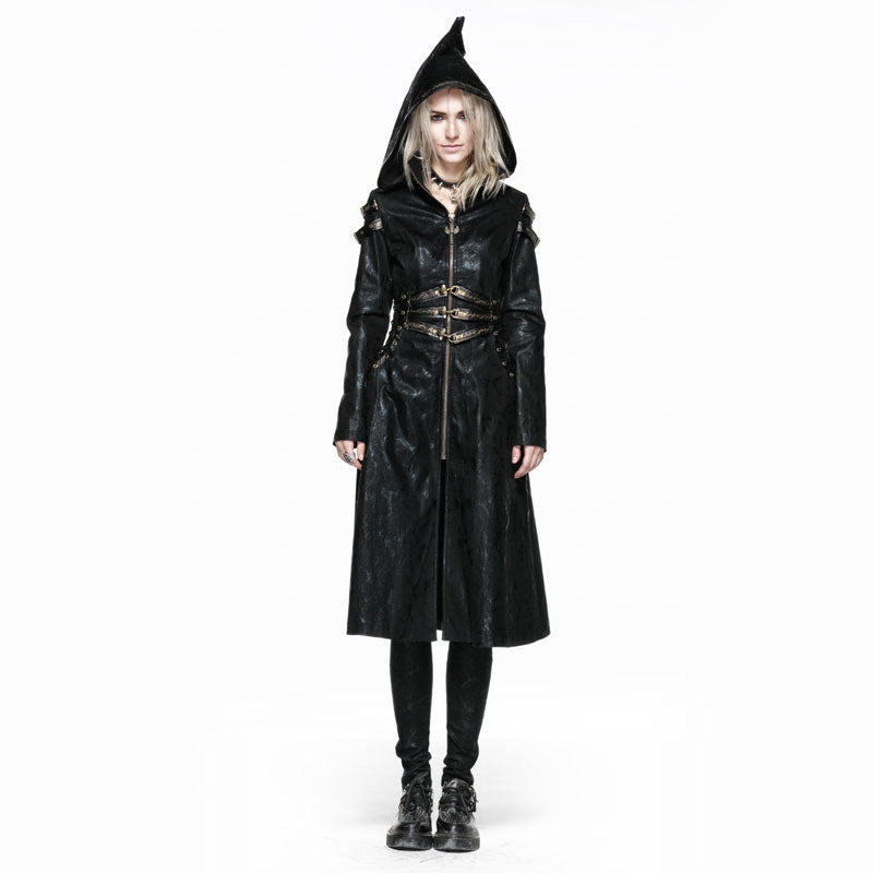 Y-552 black Long Leather Punk Coat With Hooded