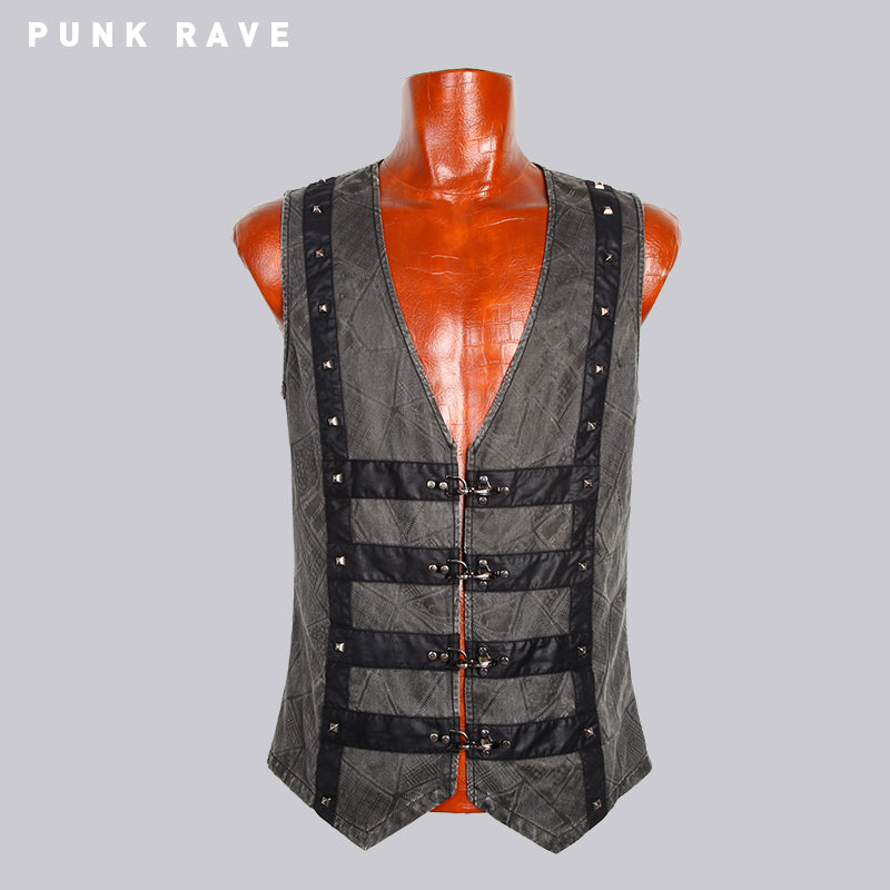 Y-565 black Leather Sleeveless Punk Vest With V-neck