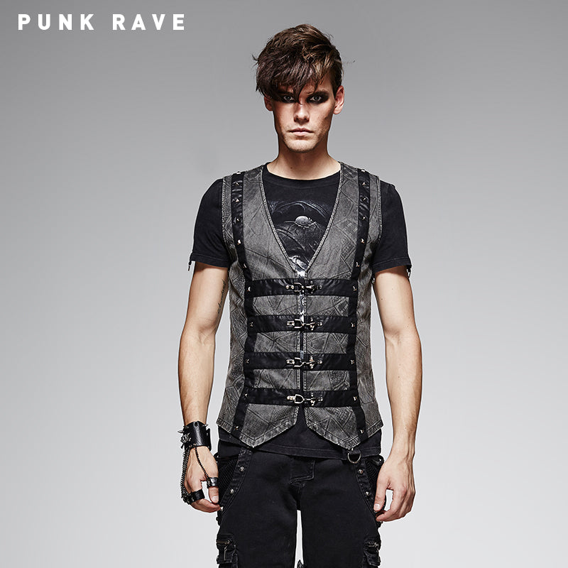 Y-565 black Leather Sleeveless Punk Vest With V-neck