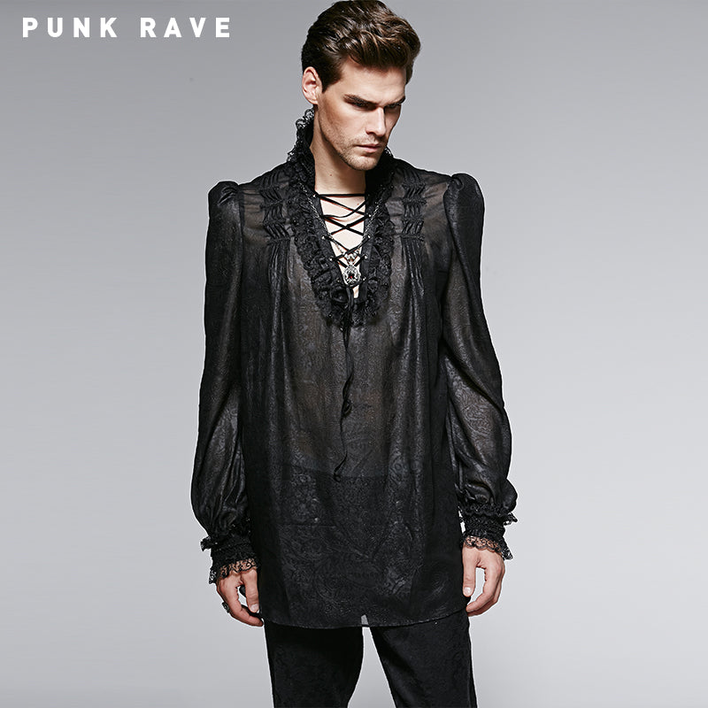 Y-568 Embossing Chiffon Gothic Shirt With Ruffled Long Sleeves