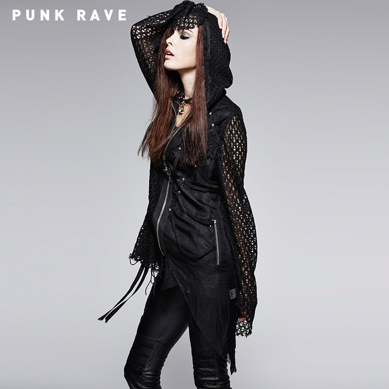 Y-570 black Pretty Knitwear Zipped Punk Coat With Hood