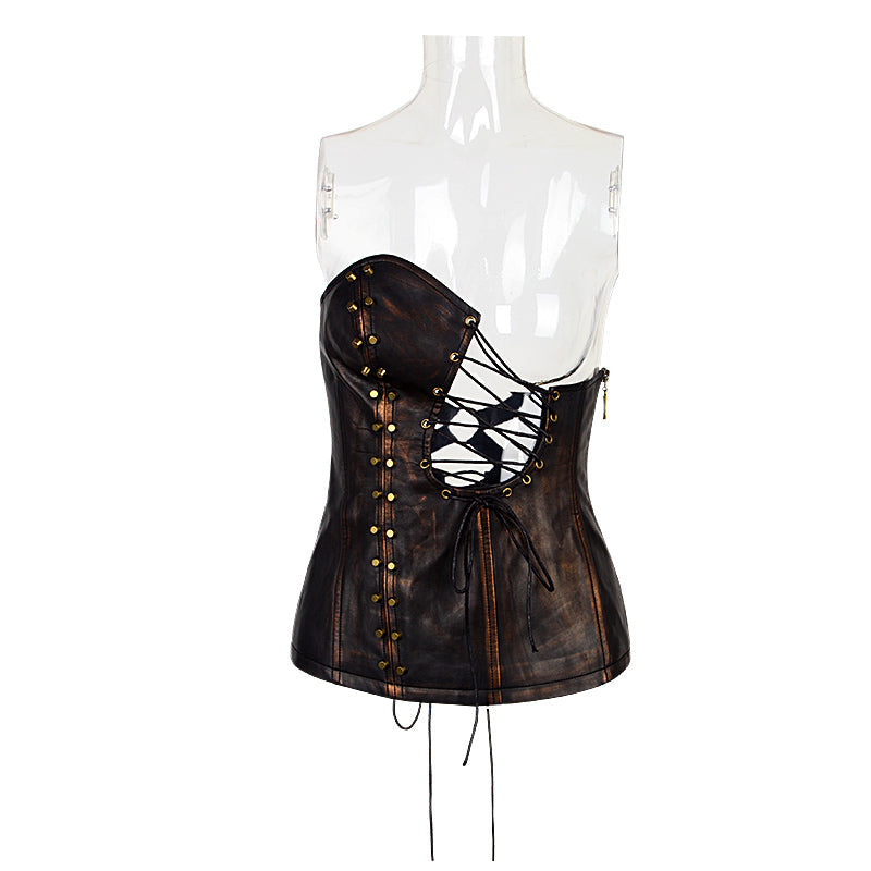 Y-581 Metal Texture Asymmetric Brown Leather Punk Accessories Corset