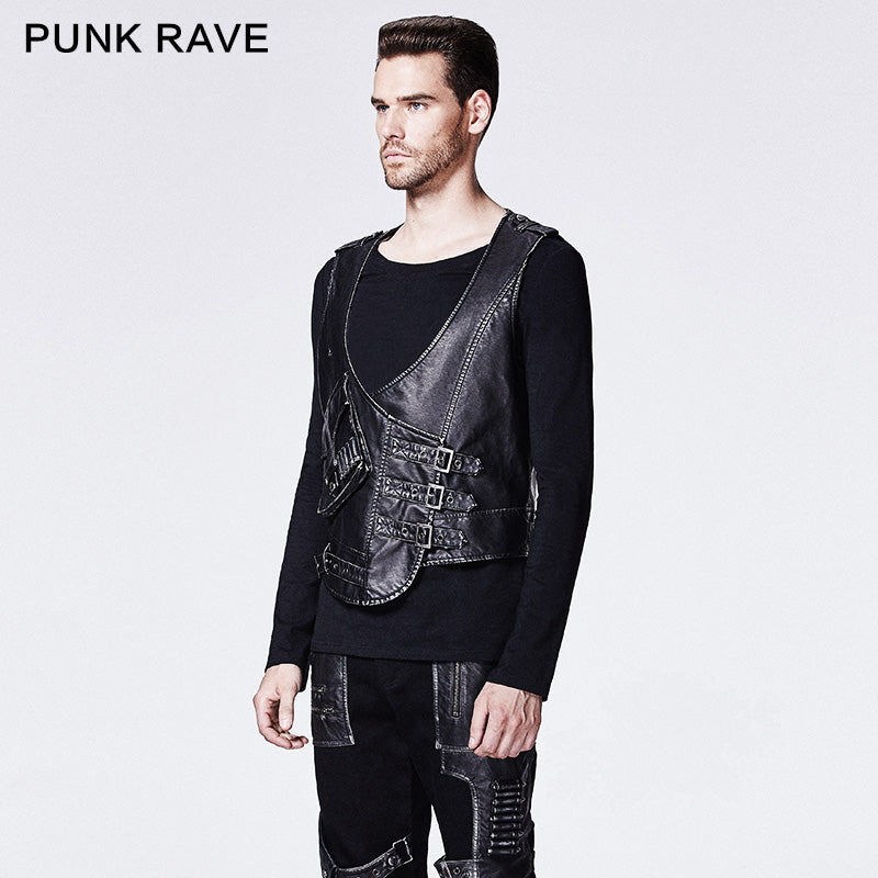 Y-598 black Skinny Leather Punk Vest With V-collar