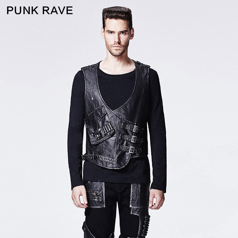 Y-598 black Skinny Leather Punk Vest With V-collar