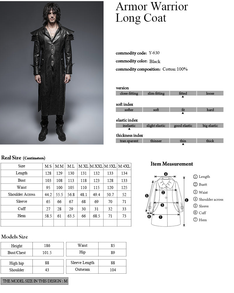 Y-630 Long black Leather Punk Trench Coat For Men