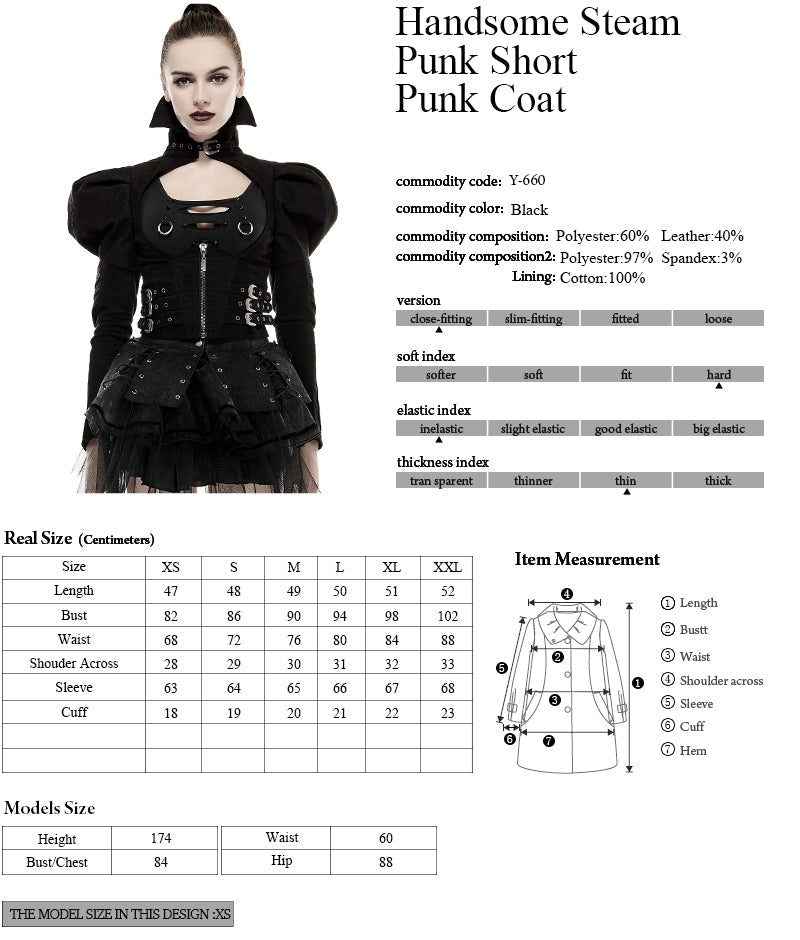 Y-660 Steampunk black Short Punk Trench Coat With High Collar