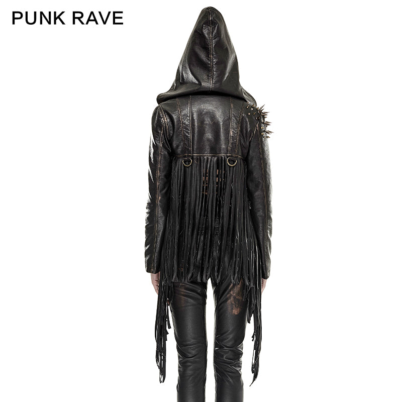 Y-667 Short Leather Tassel Rivets Gothic Jackets With Hood