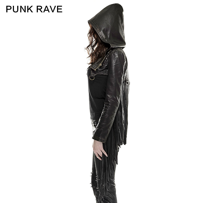 Y-667 Short Leather Tassel Rivets Gothic Jackets With Hood