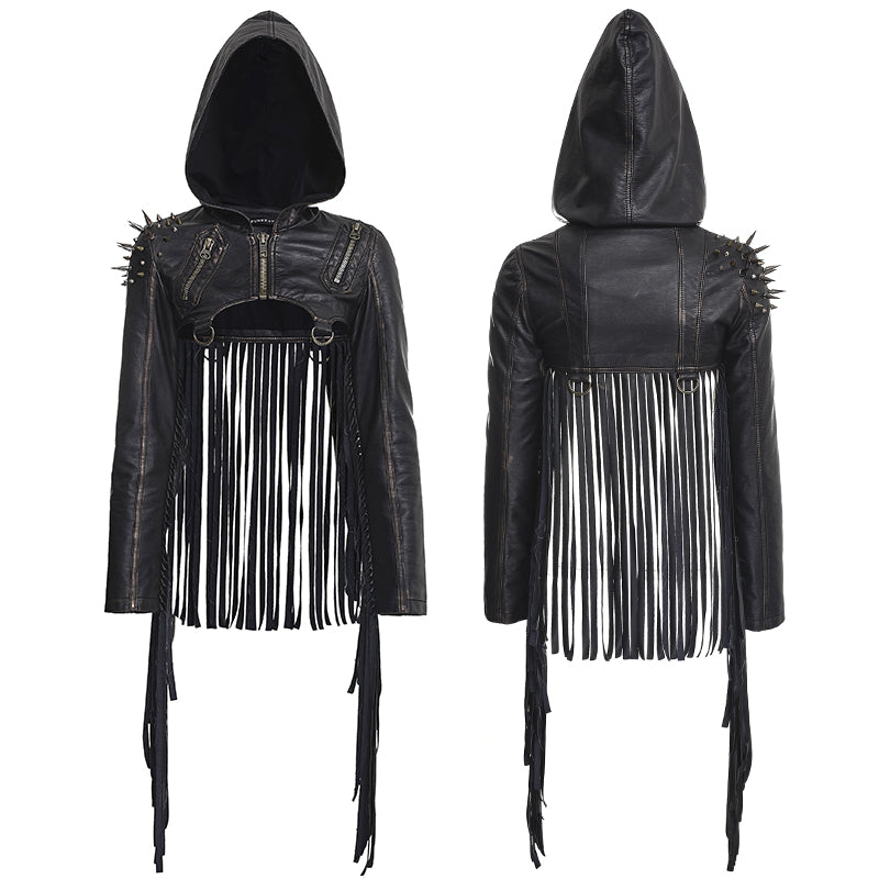 Y-667 Short Leather Tassel Rivets Gothic Jackets With Hood