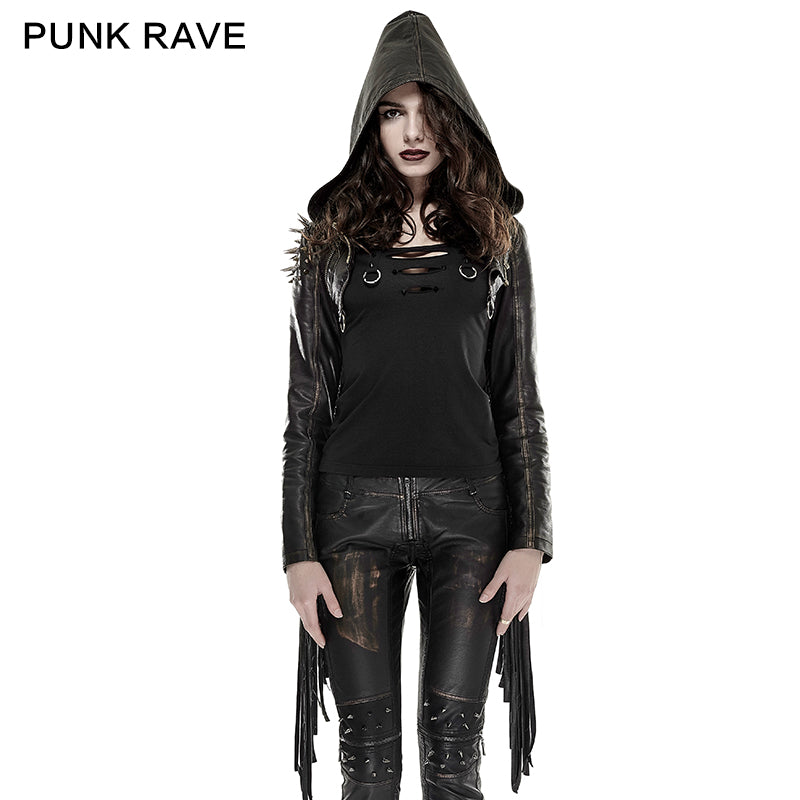 Y-667 Short Leather Tassel Rivets Gothic Jackets With Hood