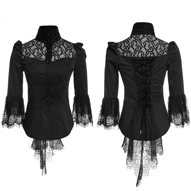 Y-668 Soft Textile Twill And Lace Fabric Gothic Shirt With High Collar