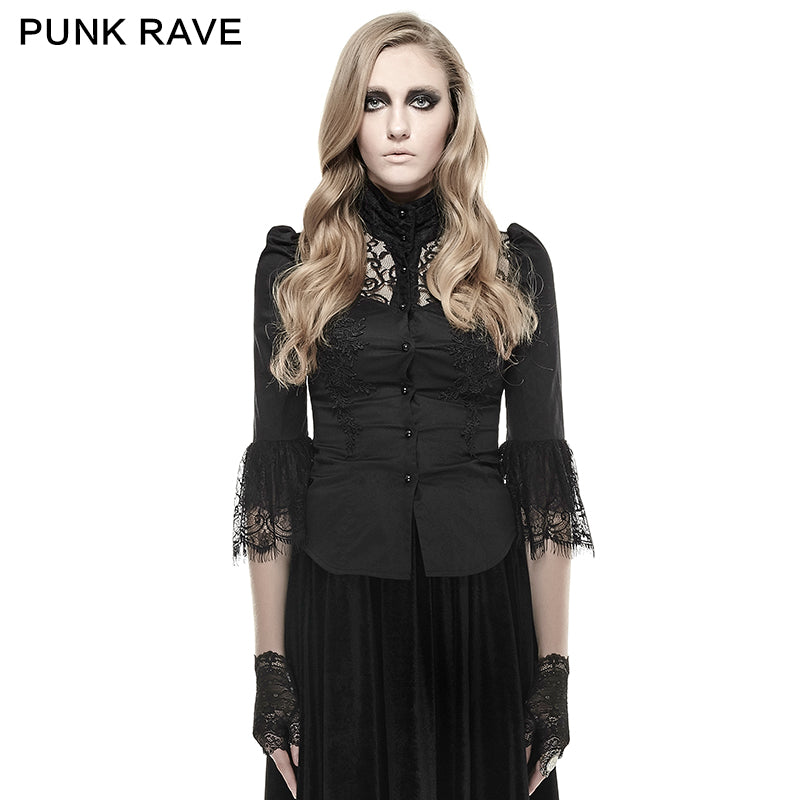 Y-668 Soft Textile Twill And Lace Fabric Gothic Shirt With High Collar