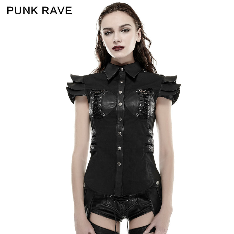 Y-671 Spring Military Leather Skinny Punk Shirts For Women