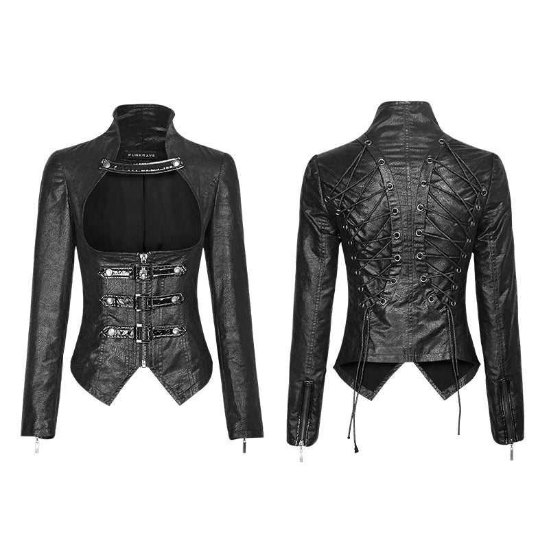 Y-672 black Vintage Slim-fitting Punk Jacket With Stand Collar