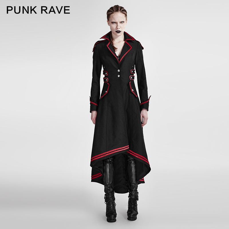 Y-675 Long Red-piped Gothic Trench Coats With Turn-down Collar  For Winter